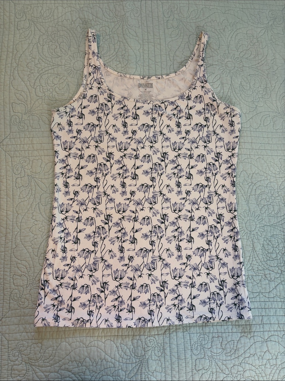 Duluth Trading Co White Tank with Navy Floral Print